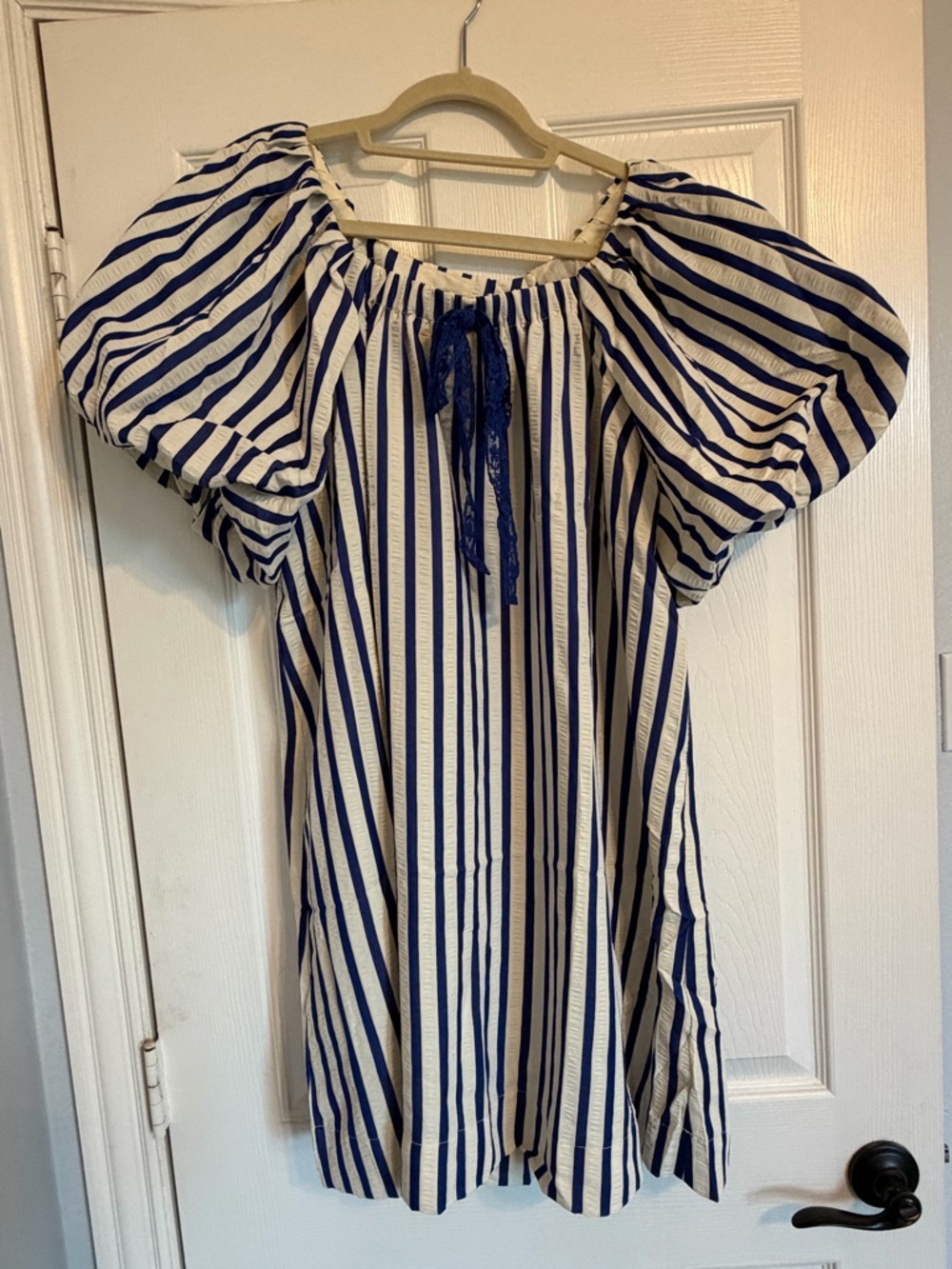 Blue and Cream Striped Puff Sleeve Dress